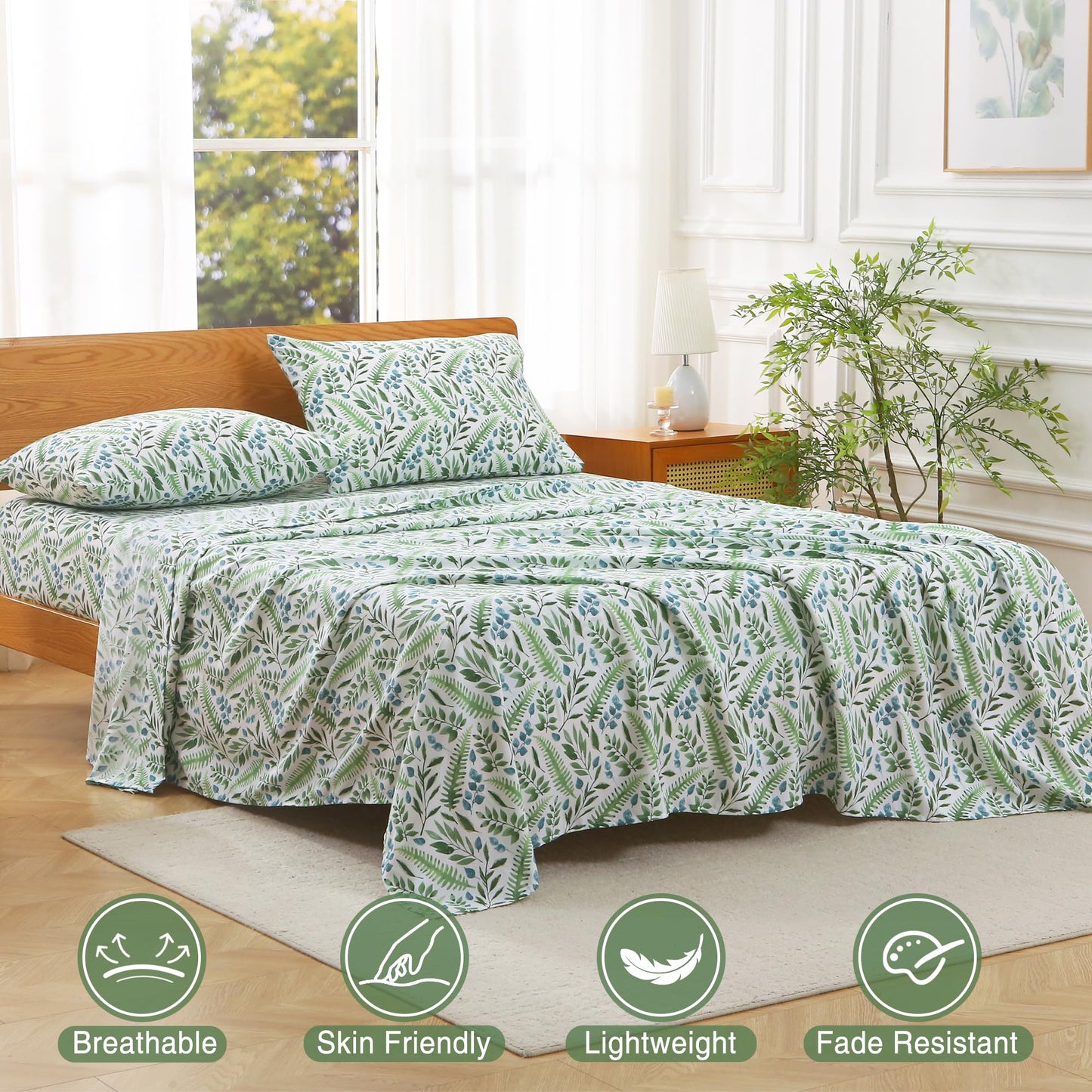 Viviland Queen Bed Sheet Set - 4 Piece Double Brushed Microfiber Bedding - Deep Pocket Up to 15", Ultra Soft, Breathable & Wrinkle Resistant Skin-Friendly Cooling Sheets for Adult - Verdant Breath(Q)