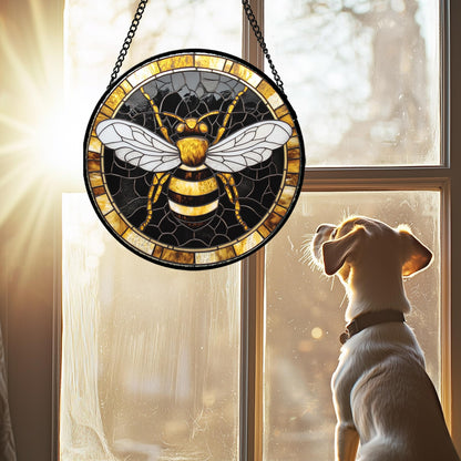 AMDERVEN Stained Glass Window Hanging - Black Gold Bee White Wings Sun Catcher for Door Home Decor Insect Suncatcher Christmas Mother's Day Birthday Gifts for Women Men Lovers Mom Nana 15 in