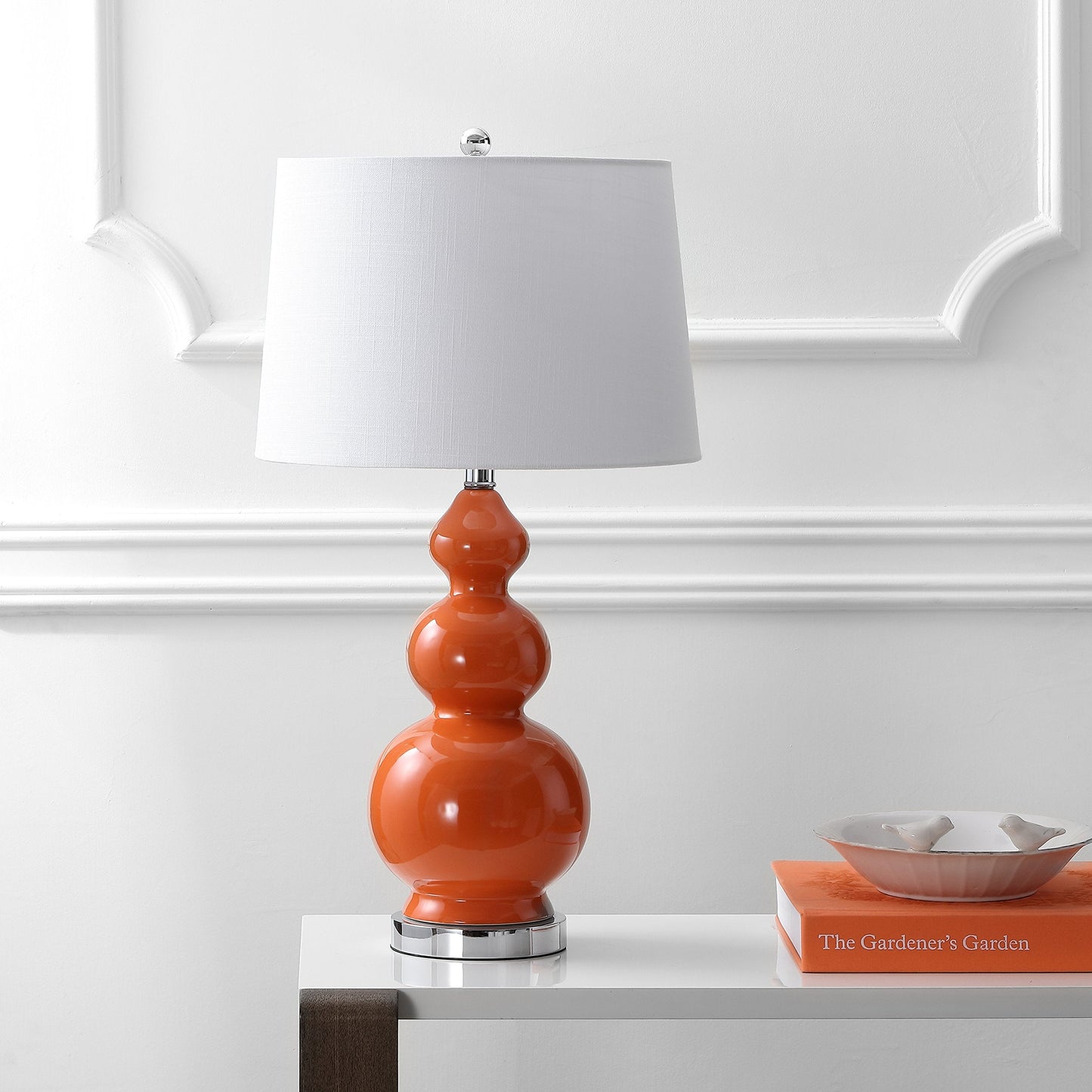 JONATHAN Y 27.5" Coral Modern Ceramic Gourd Table Lamp for Living Room, Large Bedside Nightstand Lamp for Bedroom, White Linen Drum Shade, LED Bulb Included JYL4023A