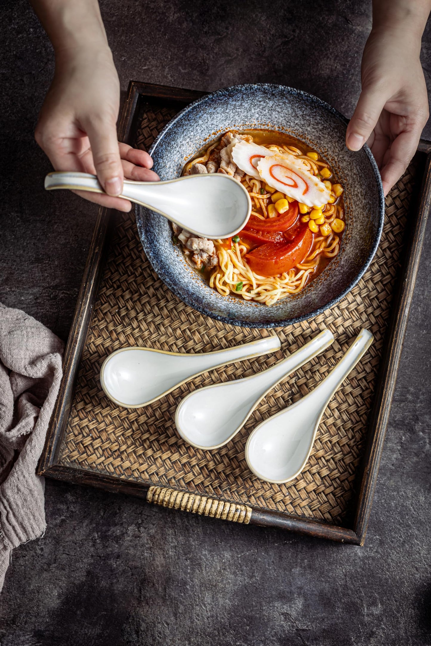 LYEOBOH Asian Soup Spoons, 6.5 inch Ceramic Soup Spoon Set of 6, Dinner Spoons with Deep Hook for Home, Kitchen, Dishwasher & Microwave Safe, Farmhouse Style, Beige
