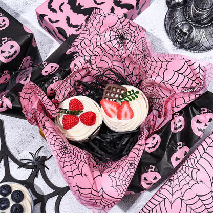 Whaline 90 Sheets Halloween Tissue Paper Pink Black Pumpkin Bat Spiderweb Gift Wrapping Paper for DIY Art Craft Halloween Birthday Baby Shower Party Supplies, 13.7 x 19.6 Inch