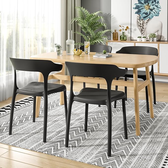 VECELO 4 Pack Plastic Stacking Chairs, Stackable Dining Chairs for Kitchen Restaurant Patio, Portable Indoor Outdoor Use, No Assembly Required, Black