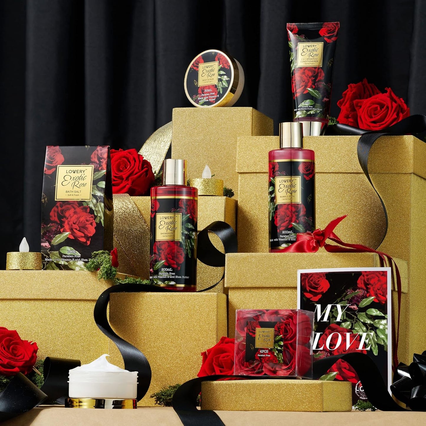 Valentine's Day Gift Basket for Her - Exotic Rose & Spa Bath & Body Set for Women, Anniversary & Birthday Gift with Body Scrub, Bubble Bath, Lotion & More