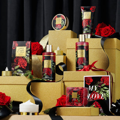 Valentine's Day Gift Basket for Her - Exotic Rose & Spa Bath & Body Set for Women, Anniversary & Birthday Gift with Body Scrub, Bubble Bath, Lotion & More