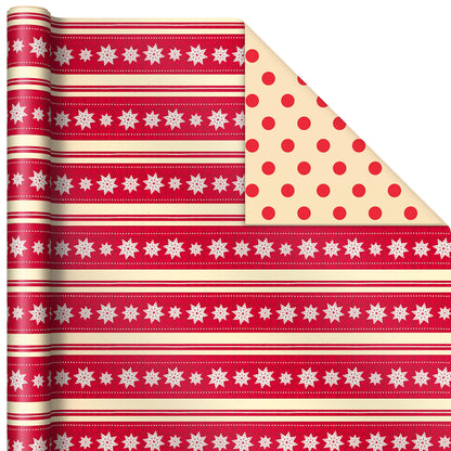 Hallmark Reversible Christmas Wrapping Paper (3 Rolls: 120 sq. ft. ttl) Merry Holidays, Snowflakes, Snowmen, Red Stripes