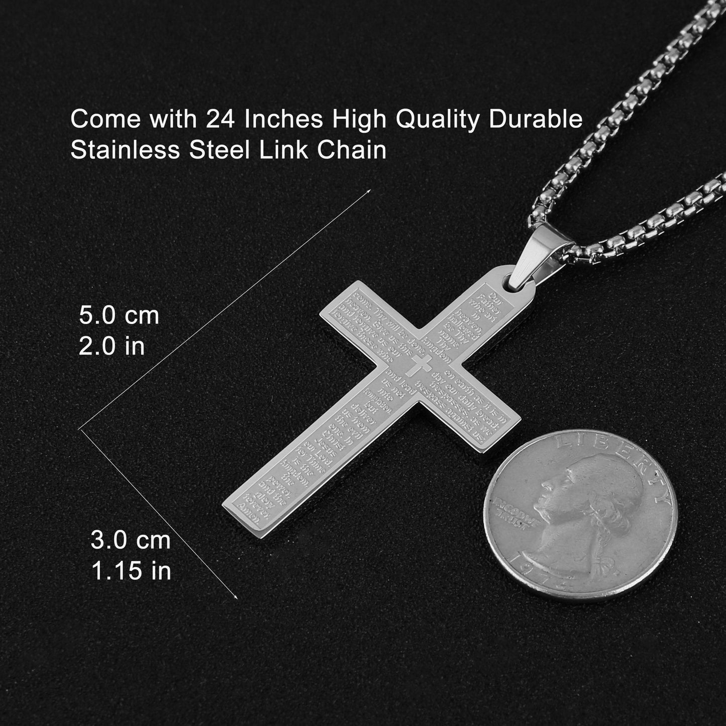 HZMAN Stainless Steel Cross Necklace for Men Women Inspiring Lord's Prayer Cross Pendant Jewelry Gift (Silver)