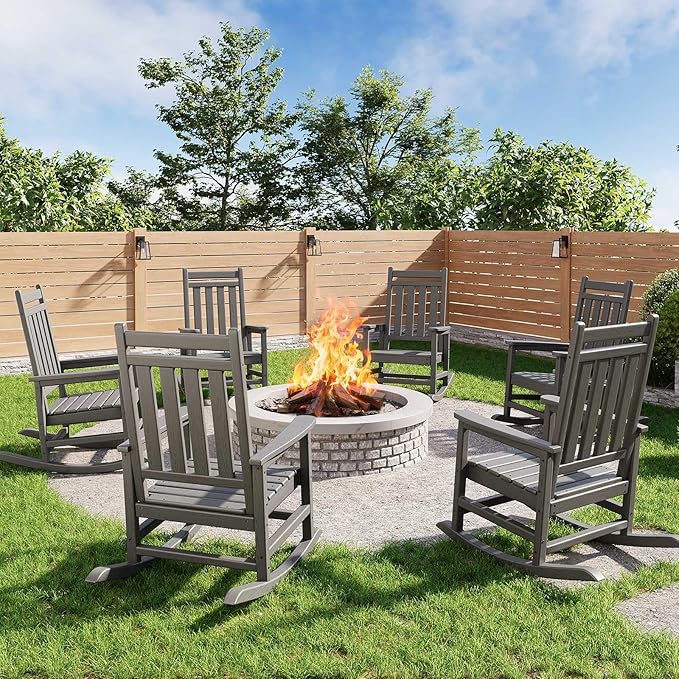 HDPE Rocking Chair Outdoor Set of 6 - Poly High Back Porch Rocker Chairs for Adults - All Weather Resistant Furniture for Patio Front Porch - Gray