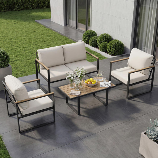 GarveeTech 4-Piece Aluminum Outdoor Sectional Sofa Set with Coffee Table, Patio Furniture Conversation Set for Porch, Poolside & Deck, Washable Thick Cushions (Beige)