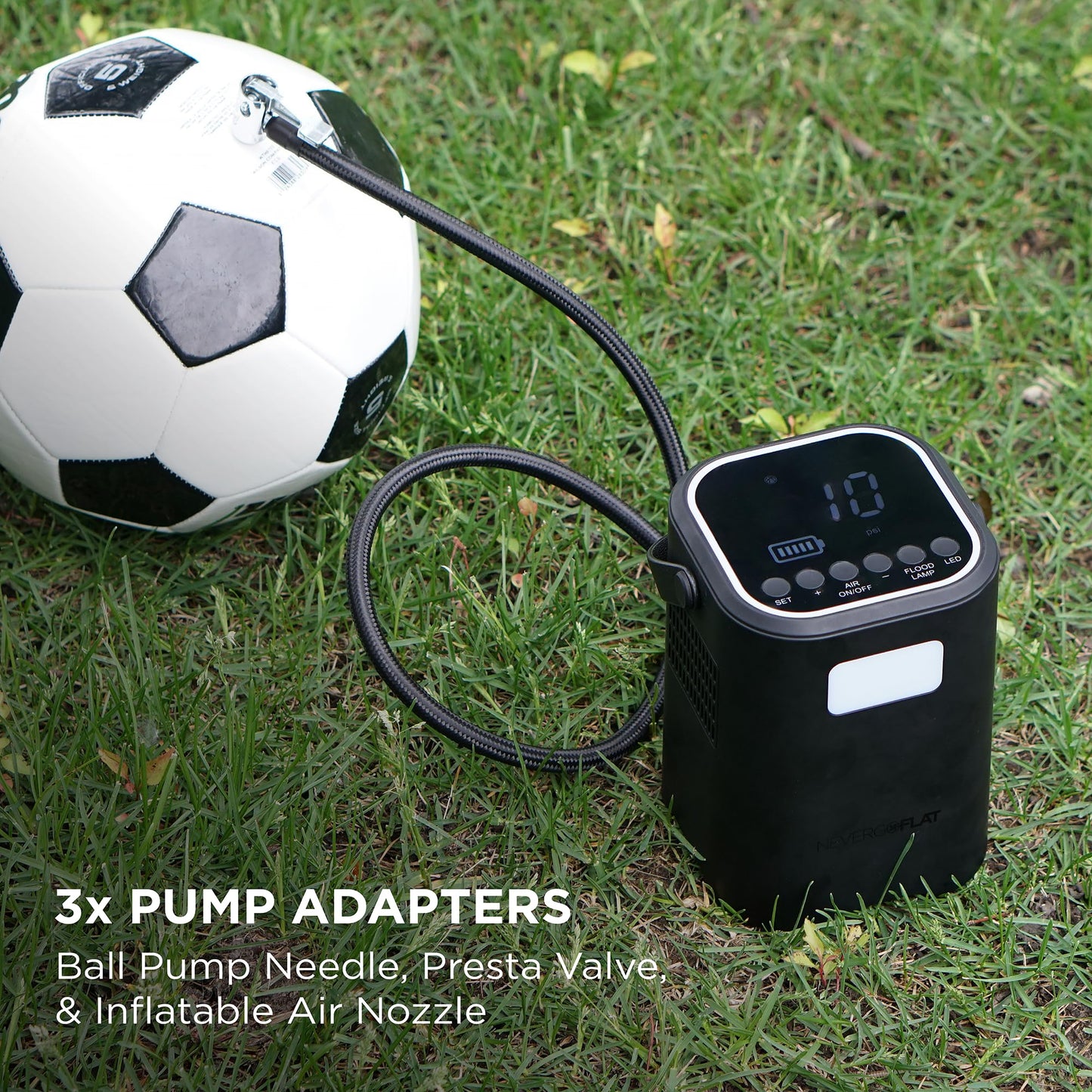 NeverGoFlat 150 PSI Air Compressor and All-in-One Emergency Tool with Emergency Lighting and 4,000mAh Power Bank
