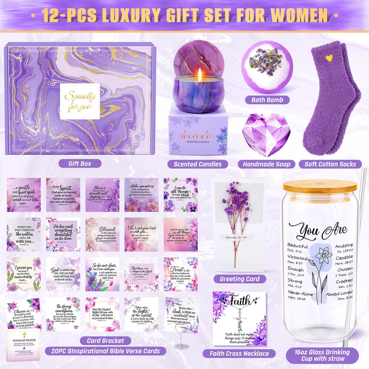 12PCS Christian Gifts For Women Faith - Inspirational Religious Birthday Gifts, Purple Spiritual Baptism Baskets For Mom, Grandma, Wife, Mothers, Friend, Sister,Catholic&Encouragement Birthday Gift