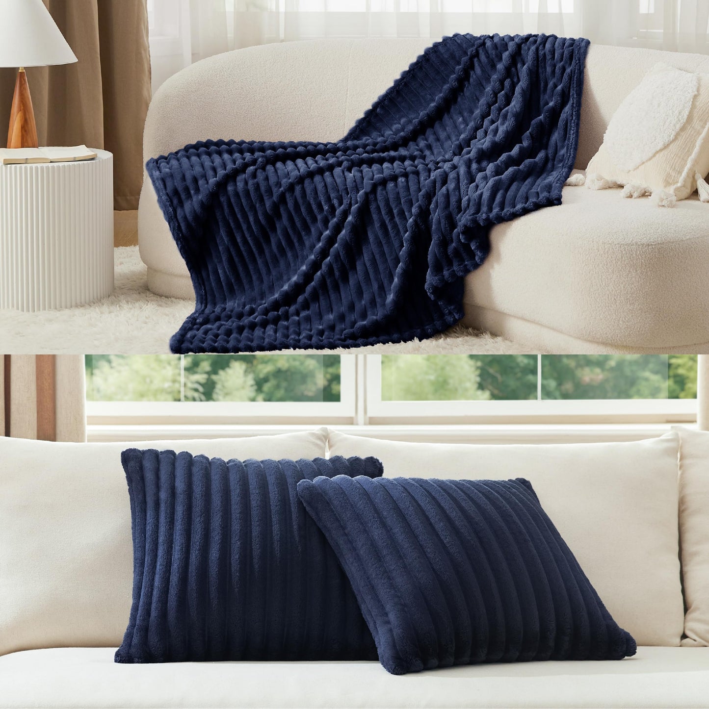 Bedsure Navy Blue Fleece Blanket & Throw Pillow Covers Navy Blue