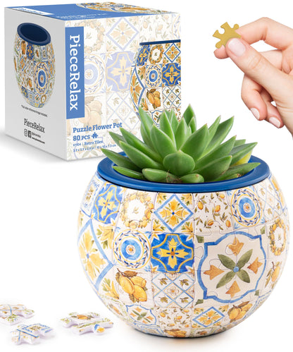PieceRelax 3D Puzzle Planter - Retro Tiles - Small Round Plant Pots with Drainage, Home Decor Flower Pots for Indoor Cactus, Succulents Pots [K1104]