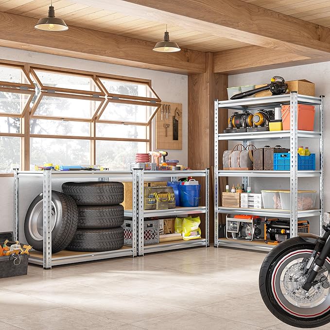 REIBII Garage Shelving, 5 Tier Storage Shelves Load 2400LBS, Adjustable Garage Shelving Heavy Duty, Metal Shelves Unit with Waterproof Columns, 35.5" W x 11.9" D x 72" H, Galvanized, 2 Pack
