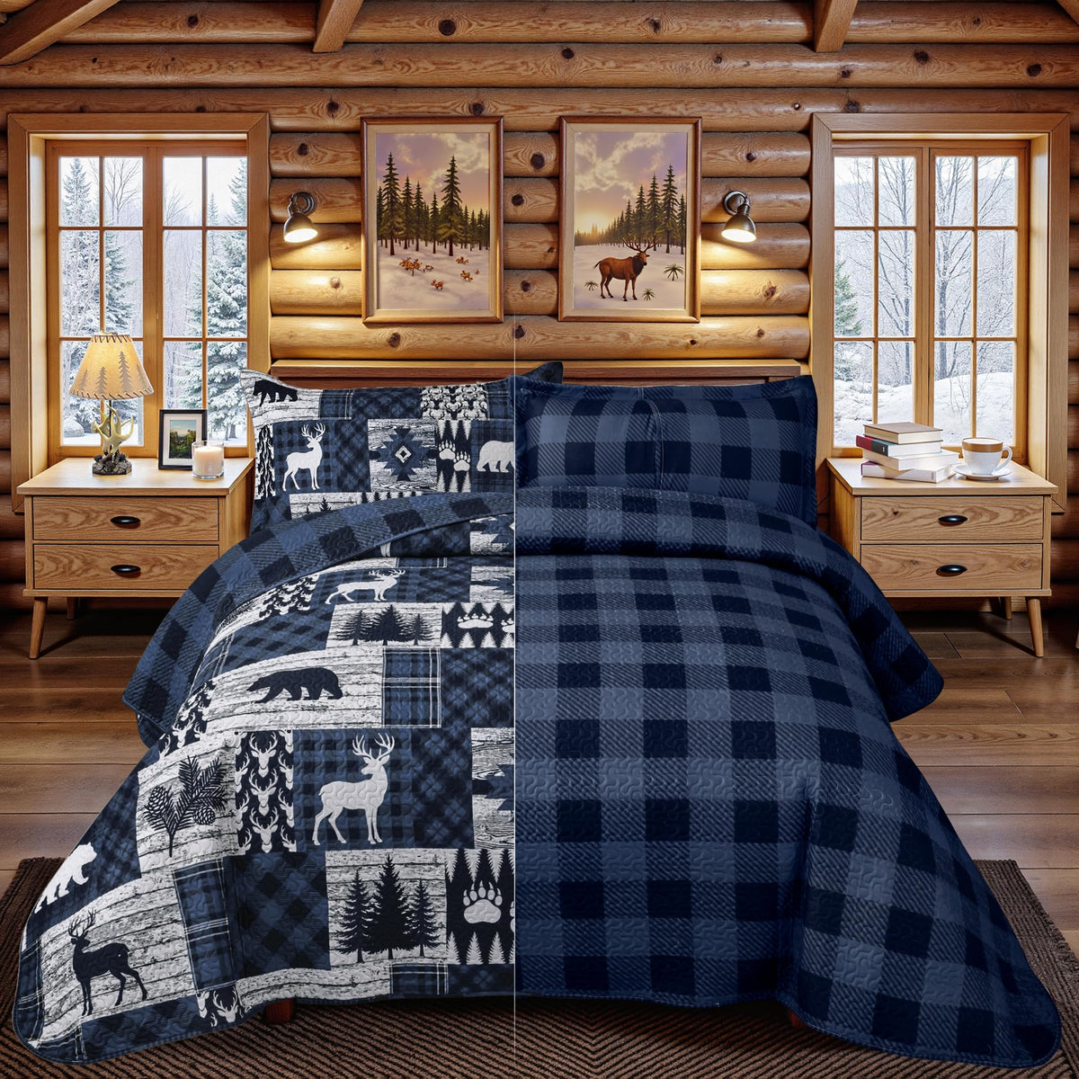 3 Piece Cabin Full/Queen Quilt Sets Farmhouse Rustic Reversible Microfiber Soft Lightweight Bedspread Comforter with 2 Shams Patchwork Country Lodge Bedding Quilts Set for All Season, 90''x96'', Blue
