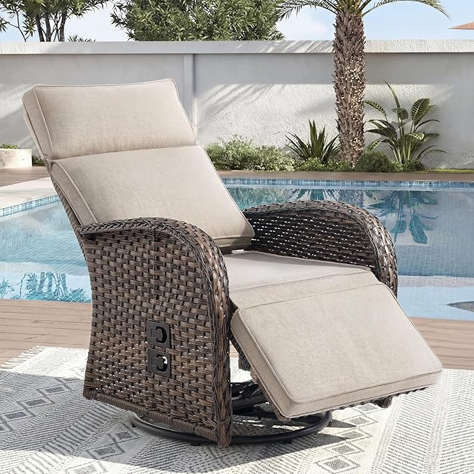 Zero Gravity Patio Swivel Rocking Recliner Chair - Wicker Outdoor Lounge Chair with Adjustable Backrest & Footrest, All Weather Reclining Rocker Chairs with Thick Cushion for Pool Deck Beige