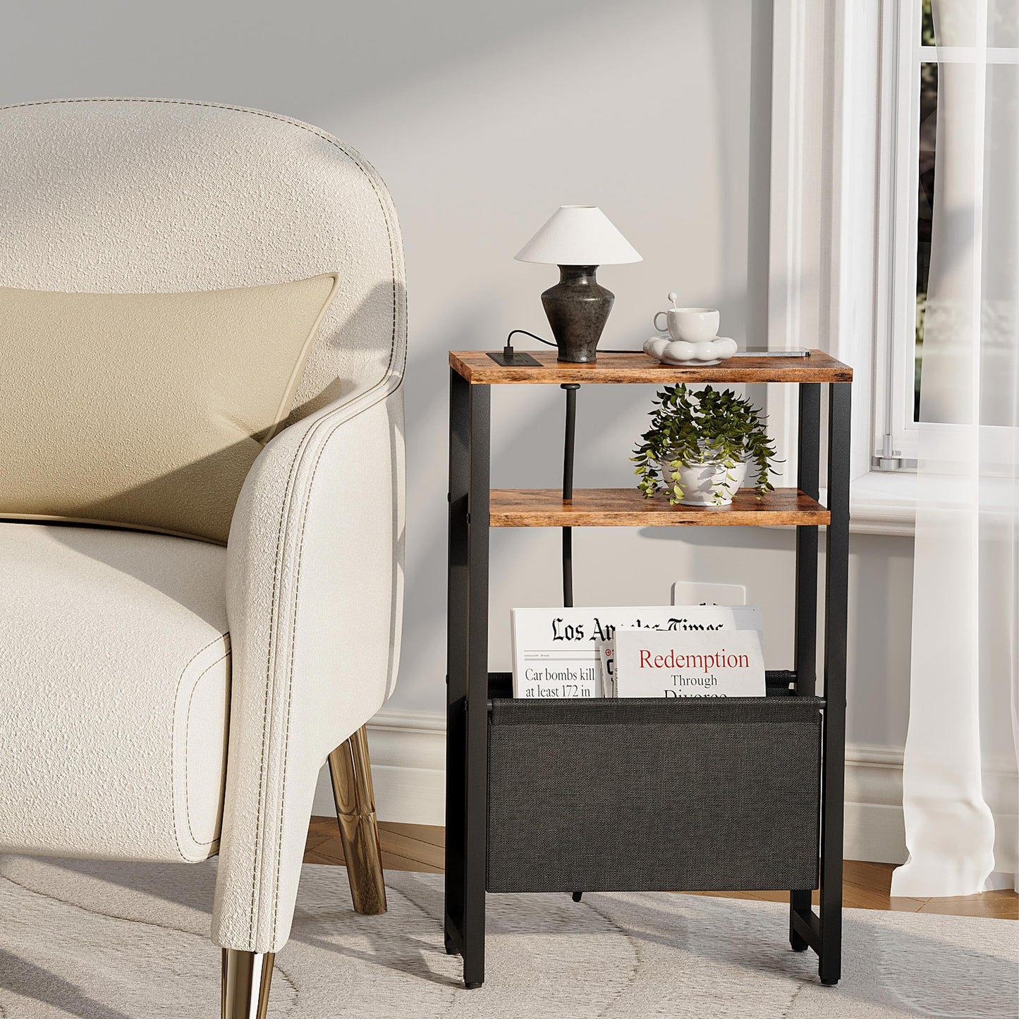 IRCPEN Narrow Side Table with Charging Station Slim End Table Sofa with Magazine Rack, Bedside Table for Small Spaces, 3 Tier Nightstand for Living Room Couch, Bedroom Rustic Brown LET503RE