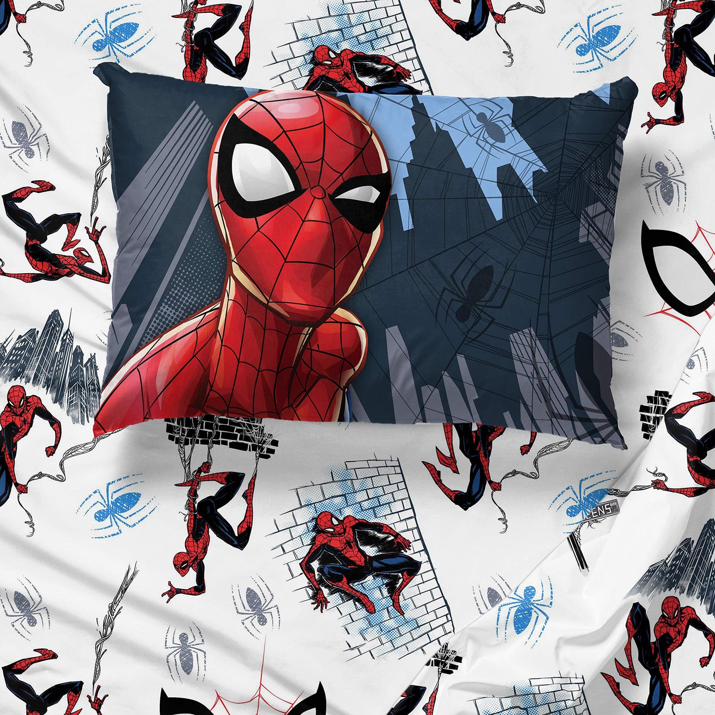 Jay Franco Kids Sheet Set with Fitted, Flat Sheets & Pillow Cover - Ultra-Soft Bedding with Pillowcase for Room Decor, White - Spiderman, 4 Piece Queen