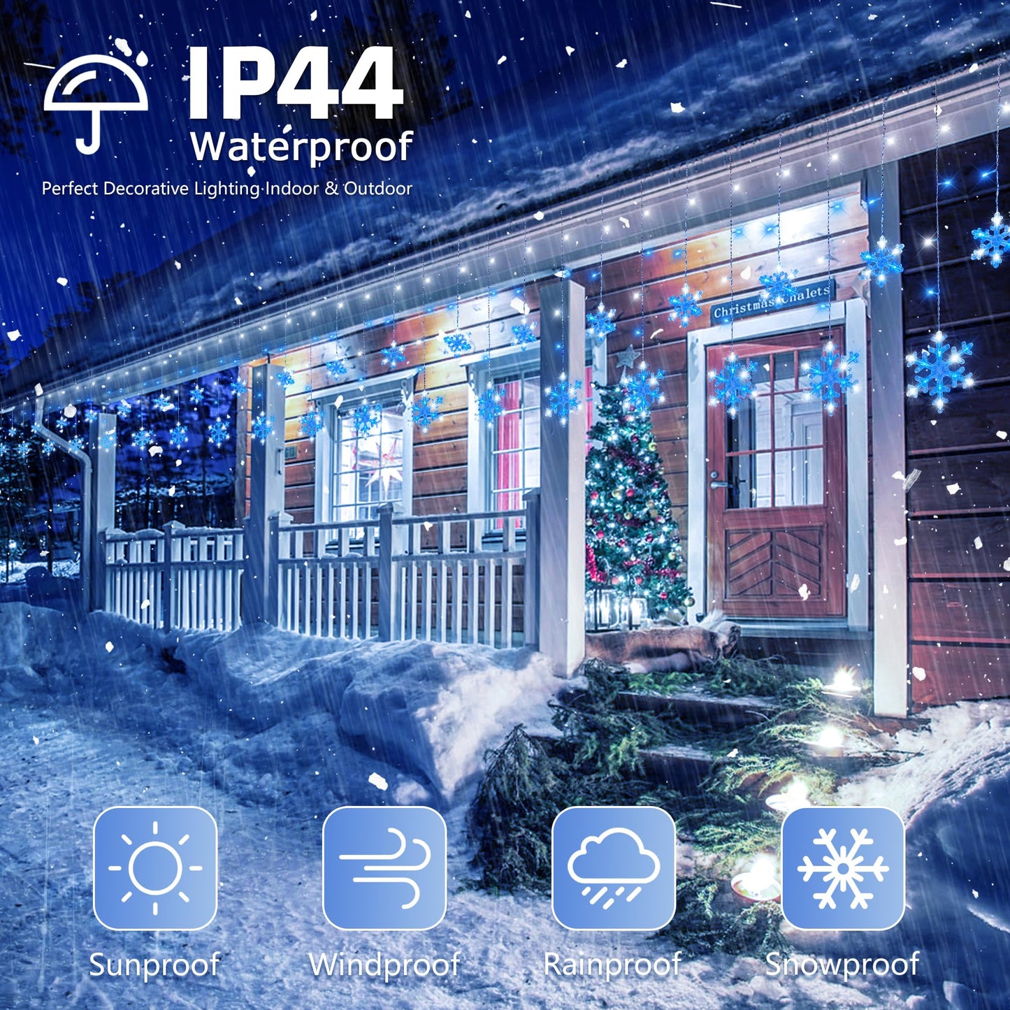 Qunlight Christmas Snowflake Icicle Lights,6.5ft 144LED Curtain Lights with 12 Drops,Timer 8 Modes Connectable,Waterproof Fairy Light for Eaves, Garden, Indoor Outdoor Xmas Decoration (Blue White)