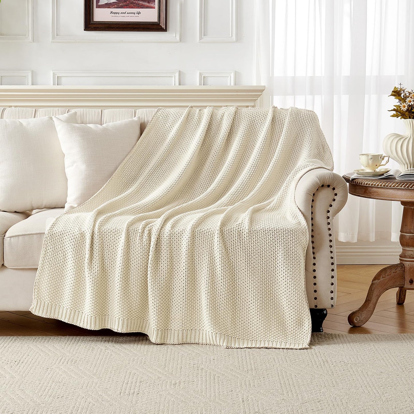 Joydeco Chunky Cable Knit Throw Blanket, Lightweight 100% Cotton Soft Cozy Throw Twin Blanket for Couch Bed and Sofa, Rustic Breathable Farmhouse Blanket Gift for Women Men(Cream White, 51"x63")