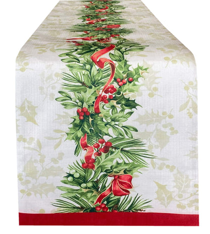 Newbridge Christmas Holly Ribbon Traditions Bordered 70 Inch Long Table Runner, Boughs of Holly and Berry Ribbon Garland Dining Table Runner for Holiday Party