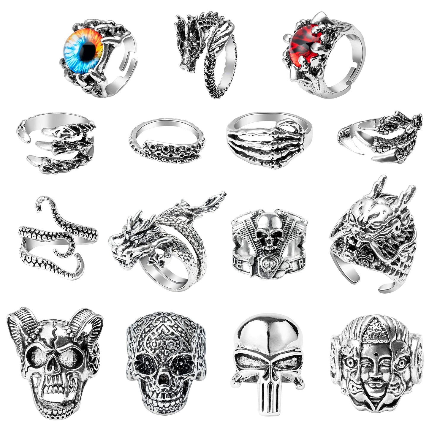 PANTIDE 16Pcs Vintage Silver Punk Rings Set for Men Women, Gothic Alloy Biker Adjustable Rings, Halloween Skeleton Skull Evil Eye Dragon Claw Octopus Dragon Knuckle Stacking Circlet Jewelry
