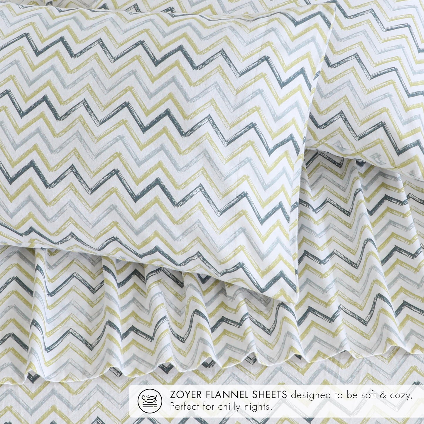 ZOYER Flannel Sheets Queen Size - 100% Cotton Double Brushed Bed Sheets, Deep Pockets 16 Inches Queen Sheet Set, All Seasons Breathable & Extra Soft - Warm & Cozy, 4 Piece, Zig & Zag