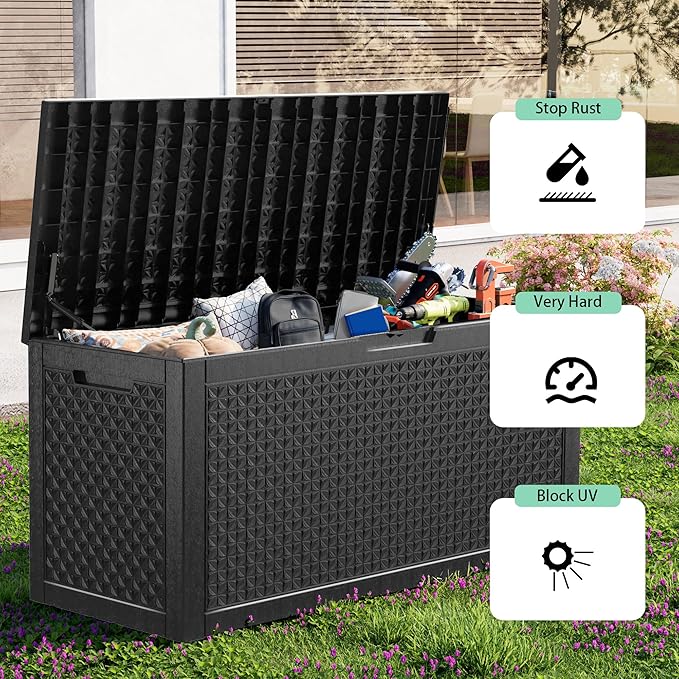 ROJIK Outdoor Storage Housing Deck Box - Waterproof Patio Furniture, Garden Tools, Cushions, Pool Accessories Storage Bench with Lockable Lid and Side Handles (Black,125 Gal)