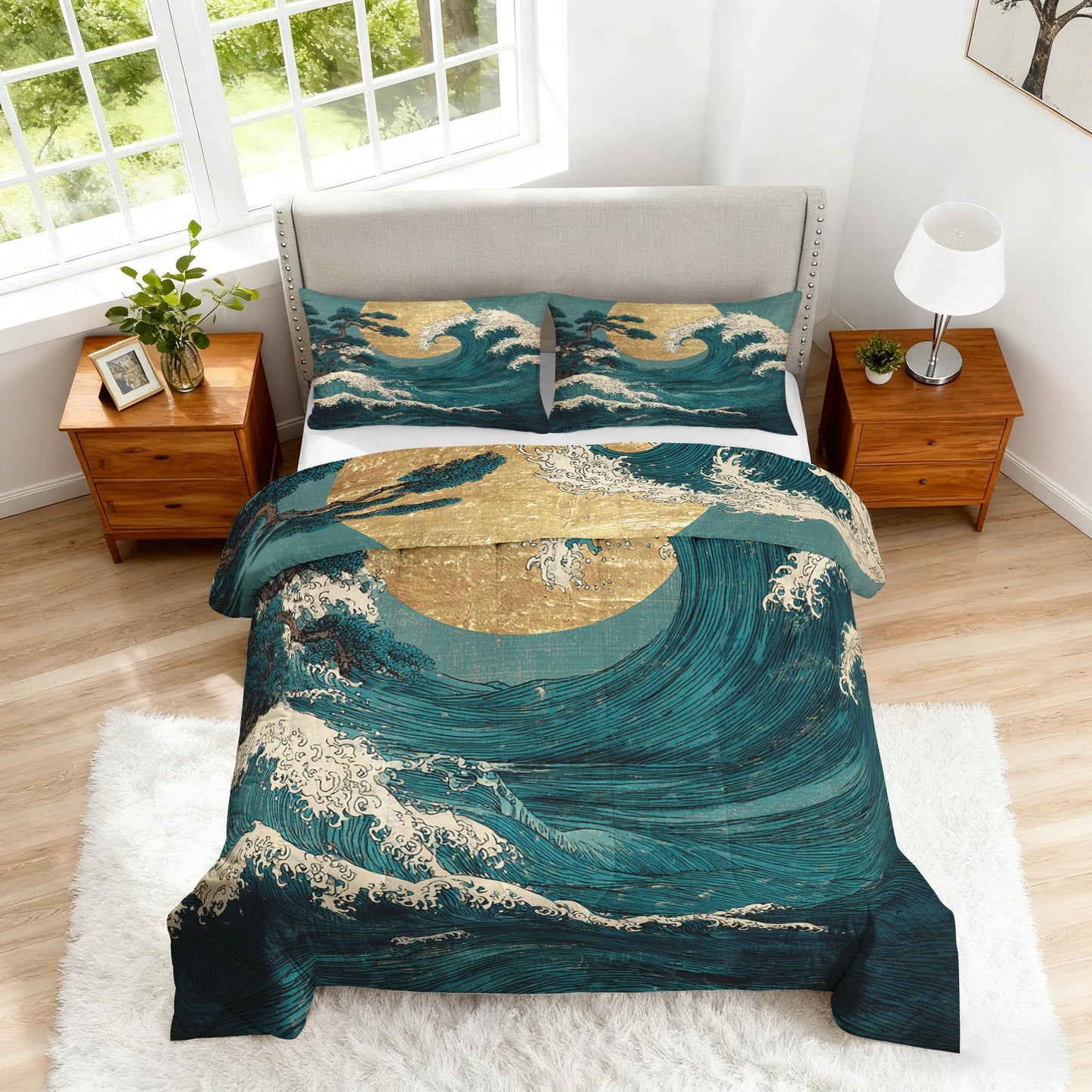 ZDABAOEC Japanese Wave Twin Comforter Set 2 Piece, 1 Pillow Sham, Oriental Asian Japan Style Reversible Down Alternative All Season Bedding, Soft Microfiber, Japanese Wave Bedroom Decor