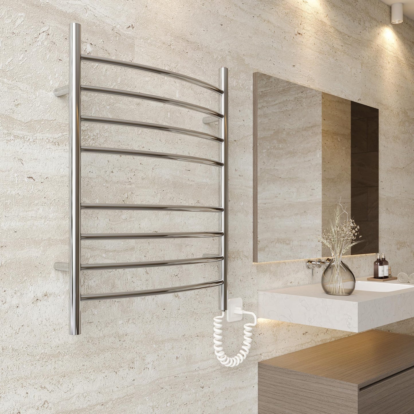 HEATGENE Towel Warmer 8 Bar Plug-in Curved Bath Towel Heater Towel Warmer for Bathroom Plug-in Drying Rack Brushed