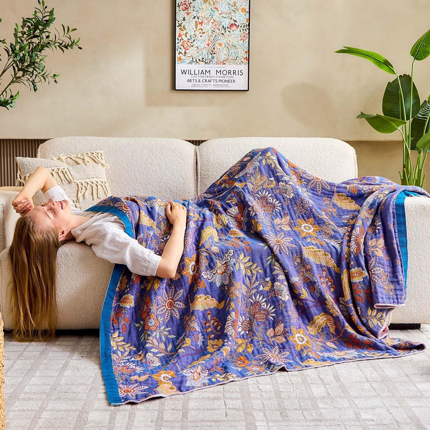 XIBLC Boho Blanket, 100% Cotton Farmhouse Decorative Throw Blanket, 60"x80" Reversible Bohemian Throw Blanket, Purple All Season Muslin Breathable Woven Blankets Quilt
