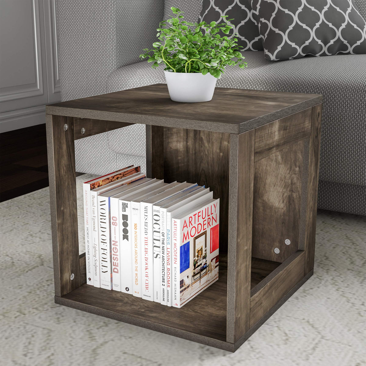 Lavish Home Modern Small Bookcase with Storage – Minimalist Open-Side Modular Shelving Unit, Stackable Accent Bookcase for Bedroom, Living Room, or Home Office (Gray Woodgrain)
