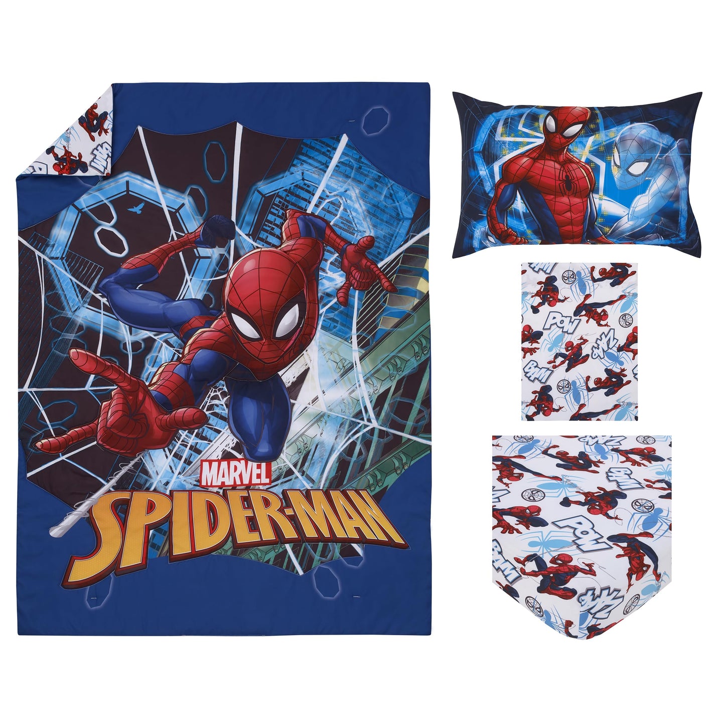 NoJo Marvel Spiderman to The Rescue Red, White, and Blue 4 Piece Toddler Bed Set - Comforter, Fitted Bottom Sheet, Flat Top Sheet, and Reversible Pillowcase