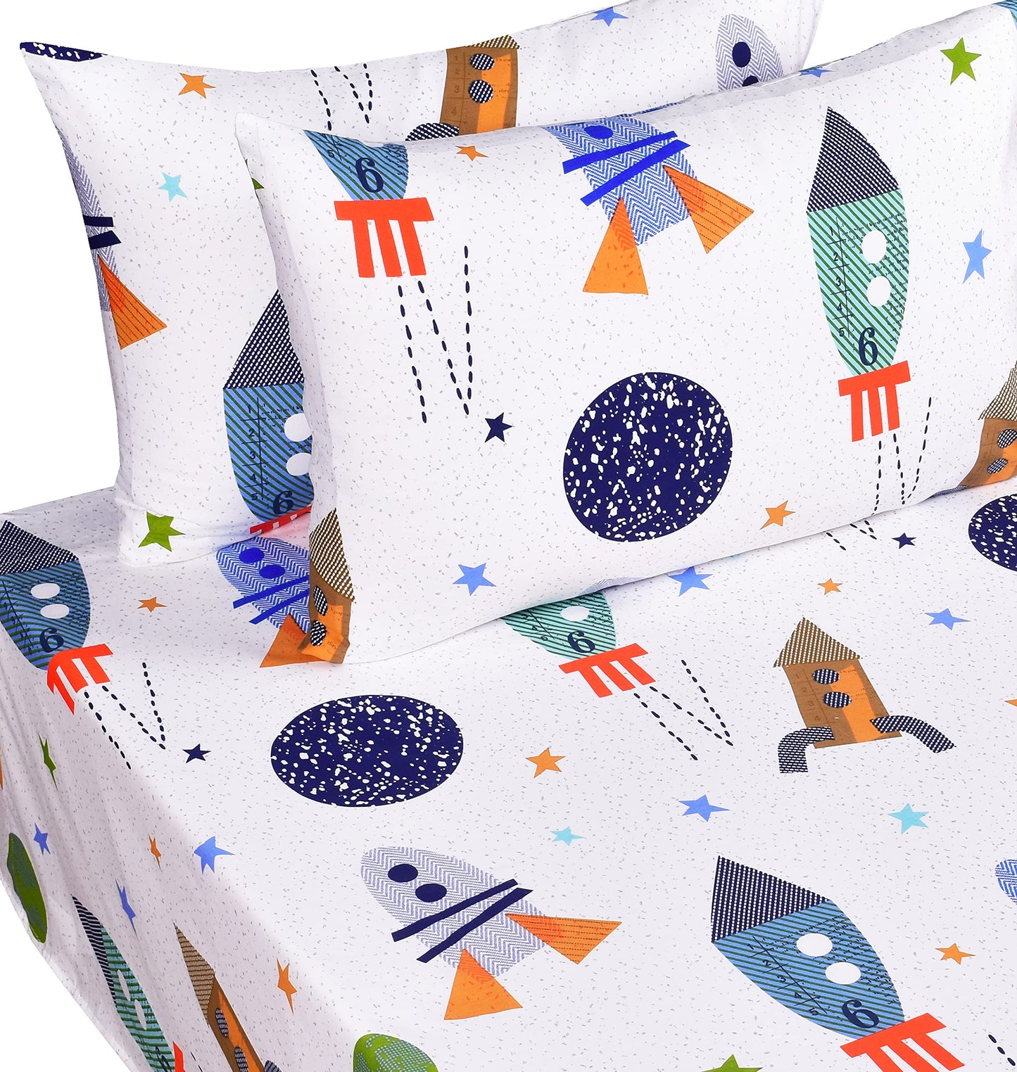 Scientific Sleep Outer Space Airship Rocket Star Explore Teen Boys Girls Cotton Cotton Full Bed Sheet Set, Flat Sheet & Fitted Sheet & Pillowcase Bedding Set (Space, Full)
