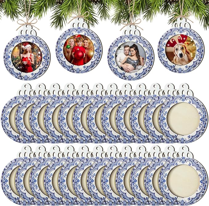 Blulu 24 Pcs Christmas Pictures Frame Ornaments Bulk Blue and White Chinoiserie Photo Frames Ornaments Wooden Blue Christmas to Put Pictures in Stocking Stuffers