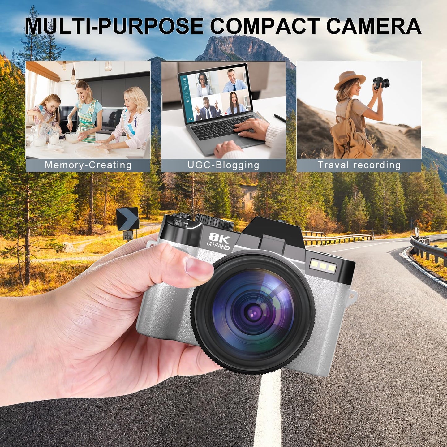 8K Digital Cameras for Photography, 64MP Vlogging Camera with 180°Flip Screen，2 Batteries, 64GB TF Card，16X Zoom, WiFi,Microphone, Wide & Macro Lens Kit (Black) (White)