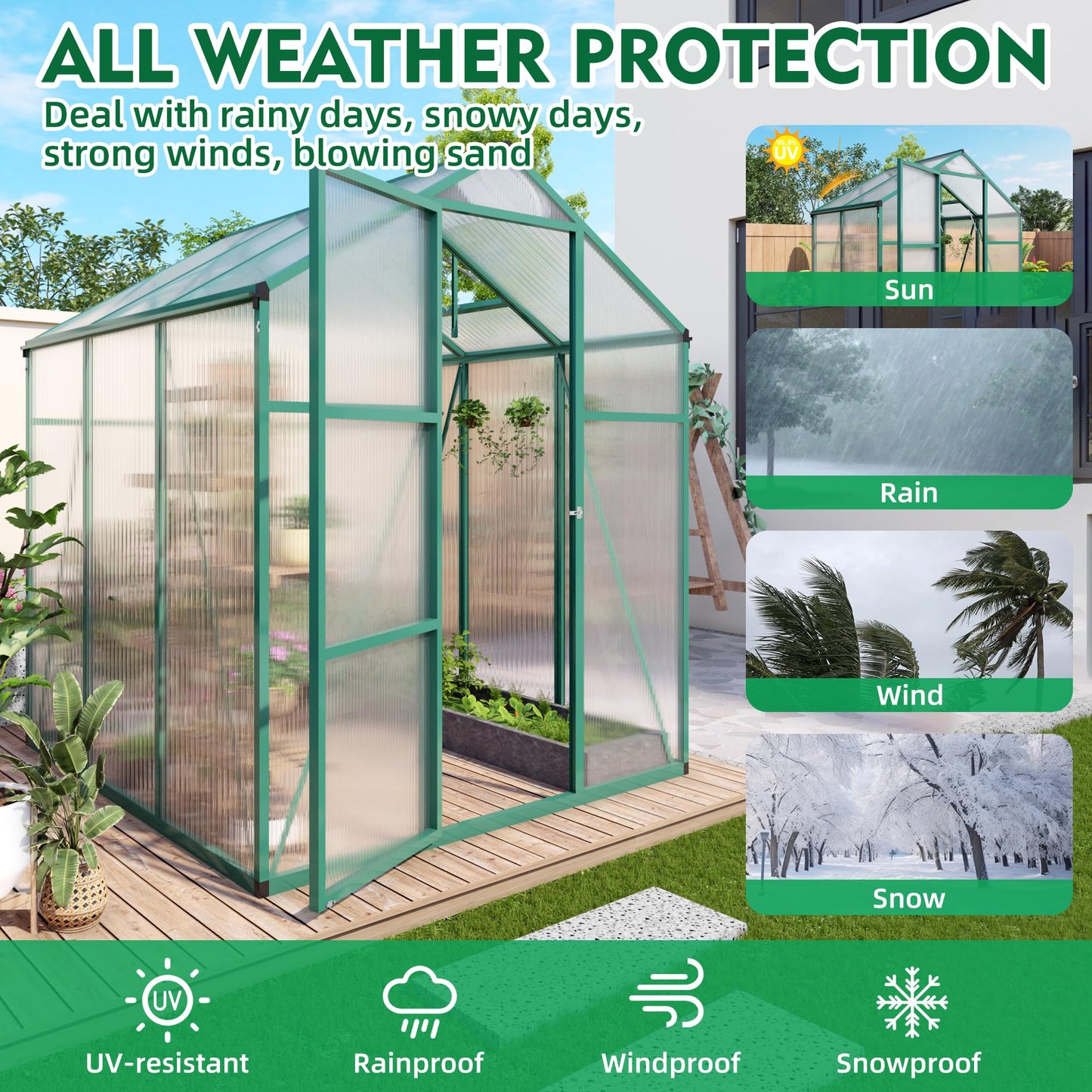 YOPTO 6x6 FT Greenhouse,Outdoor Greenhouse W/ Roof Vent,Walk-in Aluminum Polycarbonate Green Houses W/ Drainage System & Ground Nails,for Outside Garden,Backyard,Patio,Lawn,Green