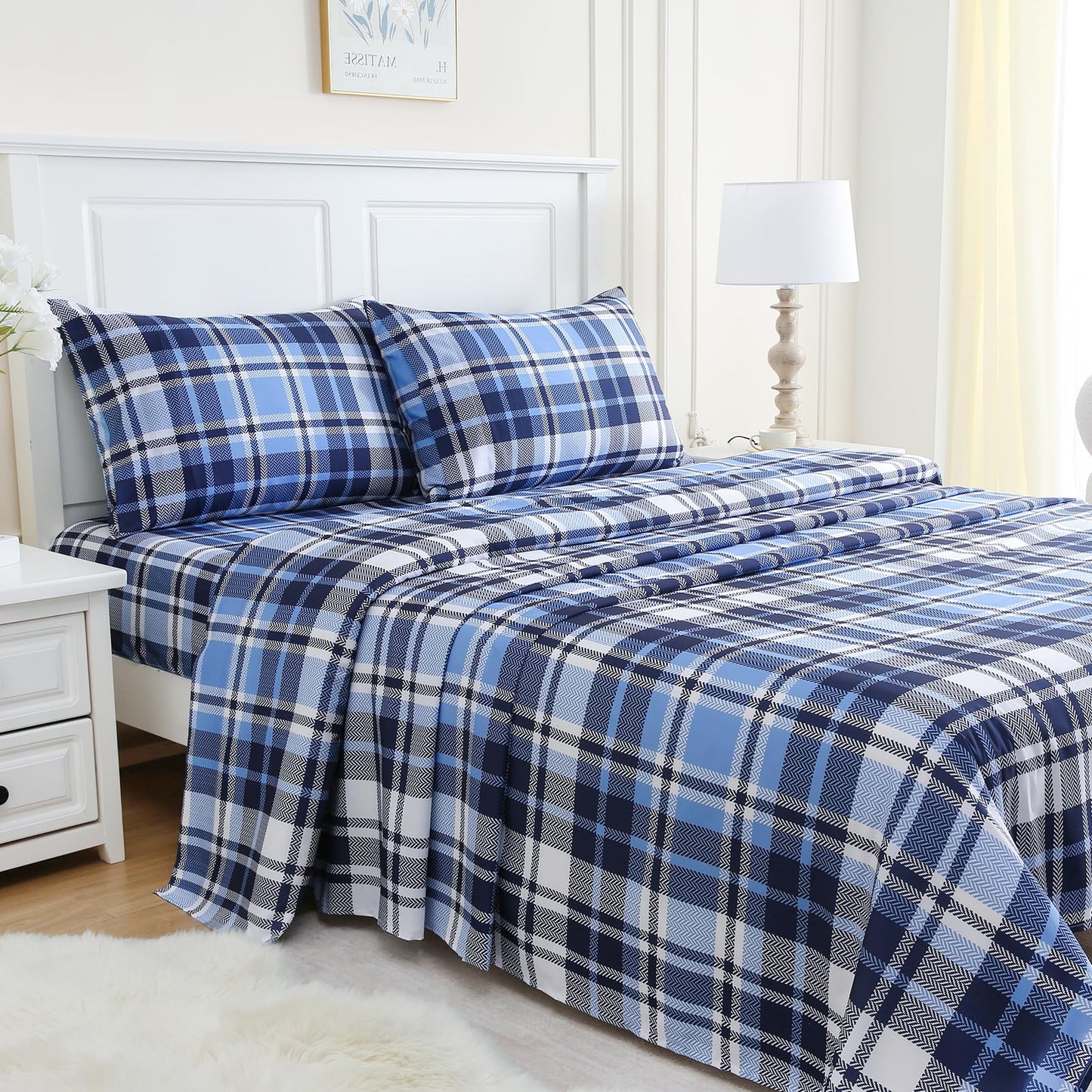 MICORAL Queen Sheet Set Blue Gingham Plaid, 4-Piece Brushed Microfiber Grid Bed Sheets, 16" Deep Pocket, Ultra Soft & Cooling Sheet, Oeko-TEX Certified, Blue