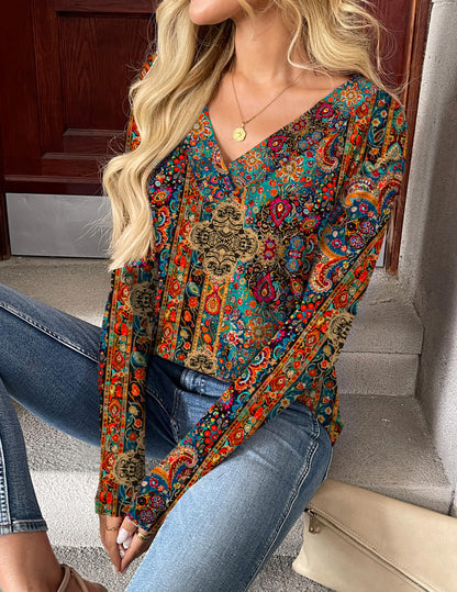 Zeagoo Women Long Sleeve Tops V Neck Blouses Floral Boho Shirts Loose Fit Business Casual Work Tshirts