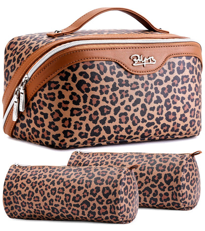 BOYATU Travel Makeup Bag for Women: 3-in-1 Modular Leopard Print Cosmetic Bag Set for 3-15 Day Trips - Waterproof Vegan Leather Toiletry Bag - Perfect for Party/Festival/Night Out - Gift Box - Brown