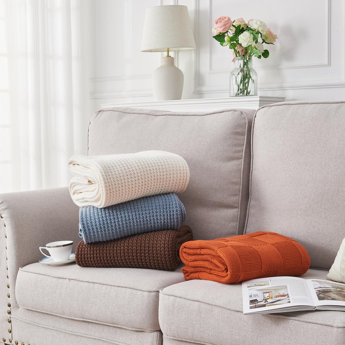 Douceur Cream Throw Blanket for Couch, Soft Chunky Cable Knit Throw Blanket, Classic Fisherman's Rib Stitch Pattern Throw for Living Room,50"X60"