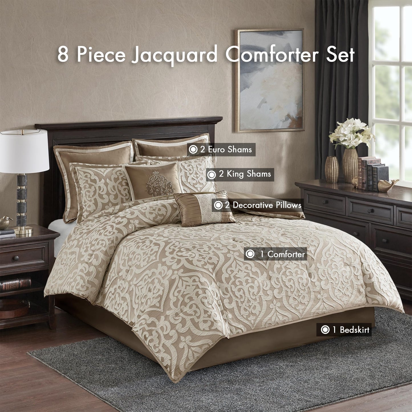 Madison Park Odette Cozy Comforter Set Jacquard Damask Medallion Design - Modern All Season, Down Alternative Bedding, Shams, Decorative Pillow, King(104 in x 92 in), Tan 8 Piece