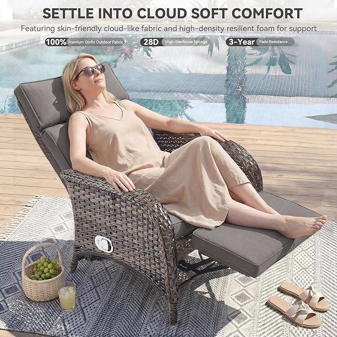 3 Pieces Zero Gravity Wicker Patio Recliner Chairs Set of 2 - Wicker Outdoor Lounge Chair with Side Table, Adjustable Backrest & Footrest, High Back Outdoor Recliner Chair for Pool Deck Gray
