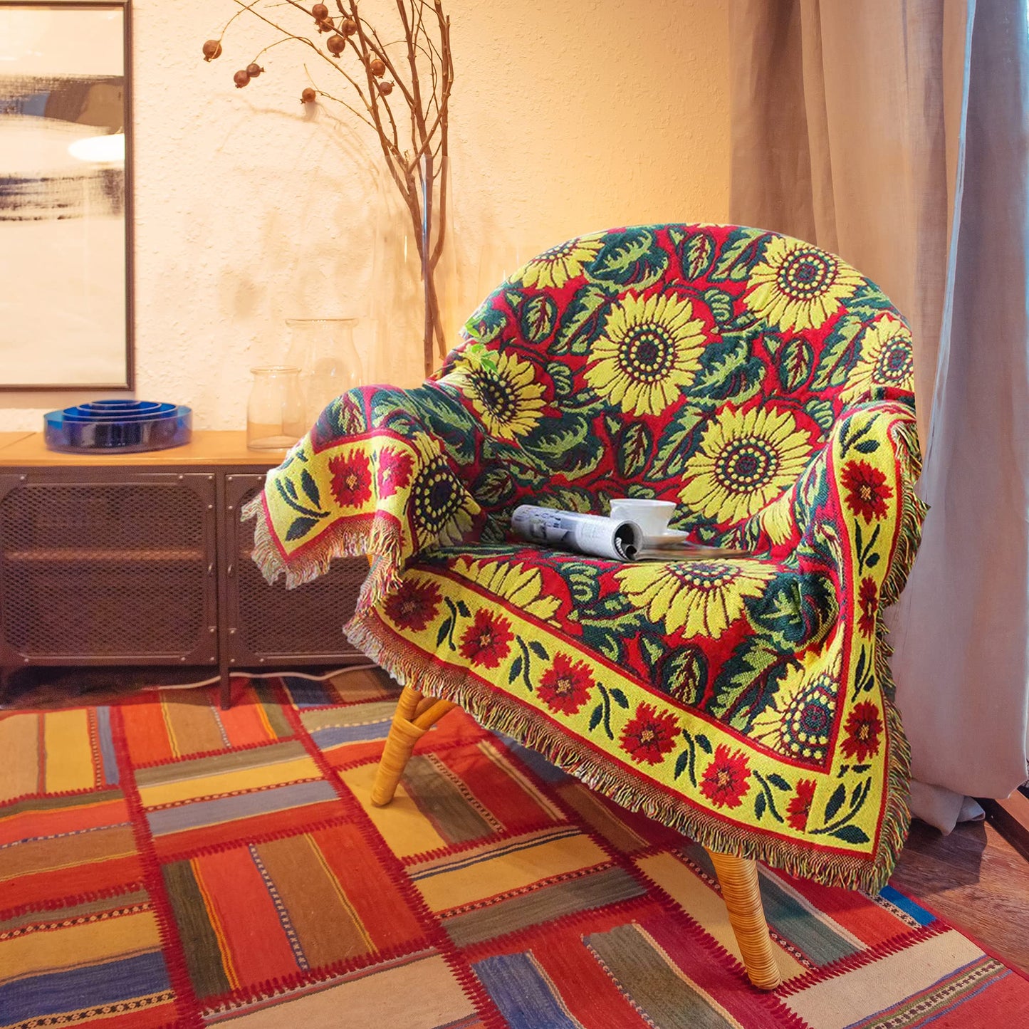 JIABOLANG Red Sunflower Throw Blanket with Fringe Boho Throw Blankets Recliner Chair Couch Sofa Cover Woven Reversible Cotton Bohemian Tapestry Hippie Room Home Decor Double Side 50"x70"