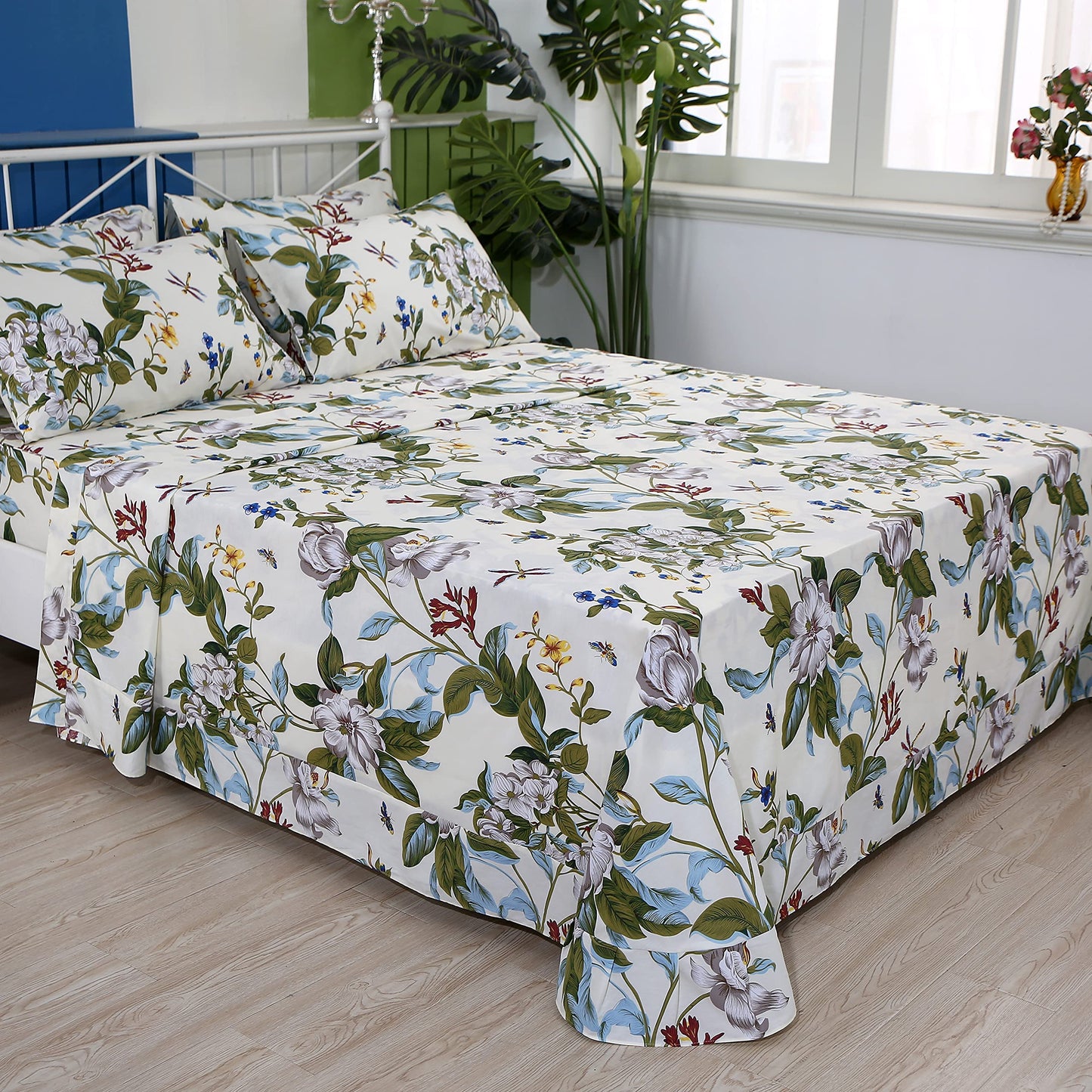 FADFAY Shabby Floral Sheets King 100% Cotton 600 TC White Flower and Green Leaves Bedding Vintage Garden Botanical Print Country Side Bed Sheet Soft Deep Pocket Sheet 17.5'',Beige