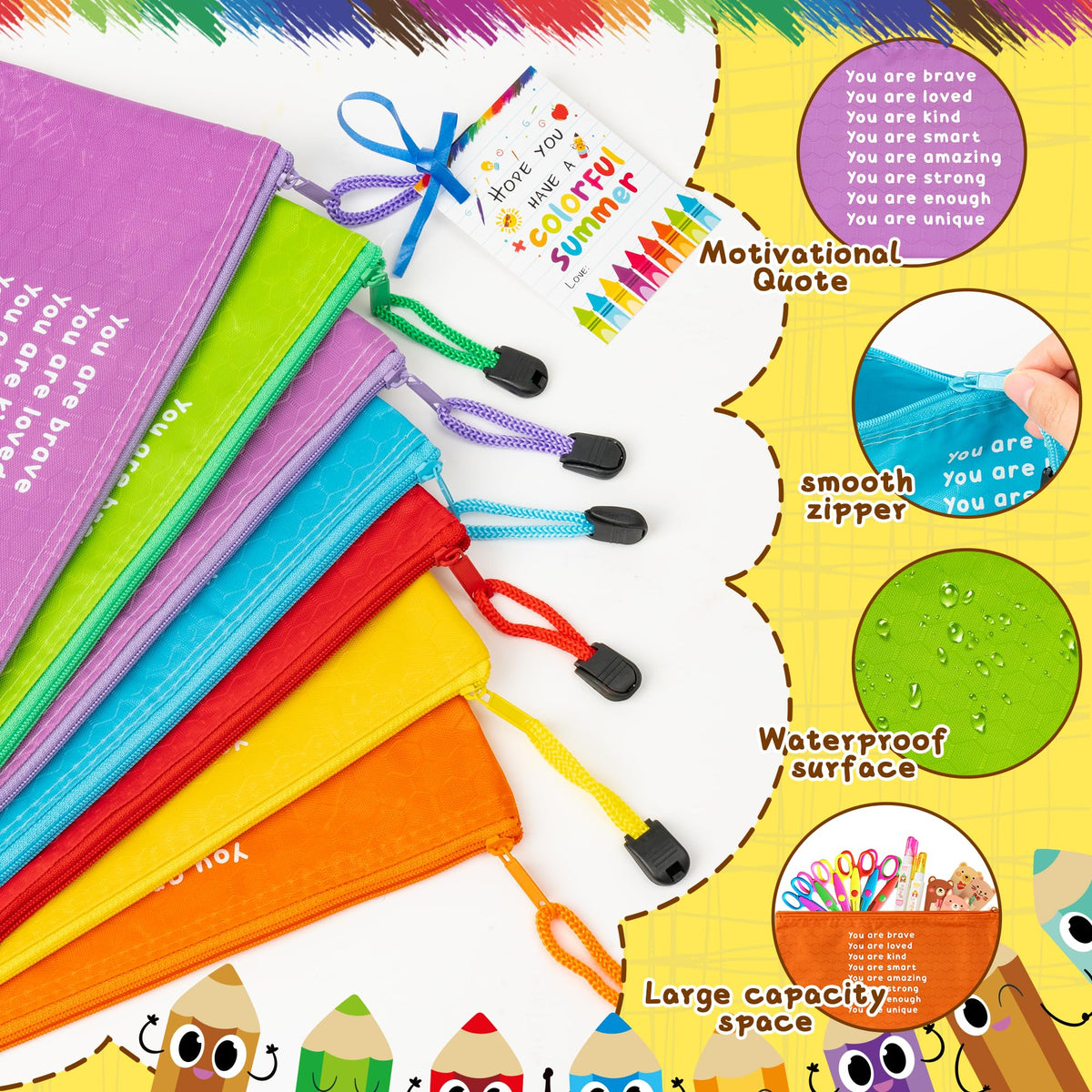 ANGOLIO 50Pcs End of Year Student Gift Includes Motivational Rainbow Pencils Pouch with Gift Inspirational Cards Hope You Have a Colorful Summer and Ribbons Stationary for Students Gifts Supplies