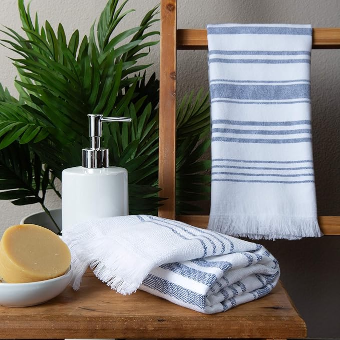 Sticky Toffee Hand Towels for Bathroom Set of 2 – 28x16 in White and Navy Blue