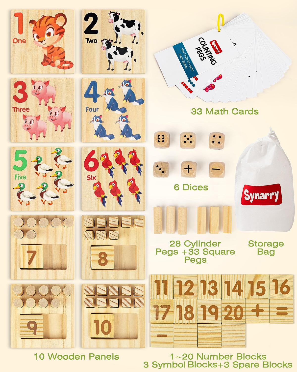 SYNARRY Wooden Counting Peg Boards - Montessori Math Manipulatives for Kindergarten Learning Activities, Number Addition and Subtraction Game, Easter Basket Stuffer Gift for Kid Ages 3-8