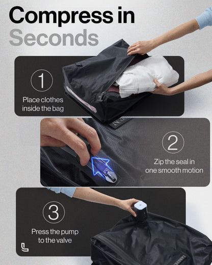 LANSVEN Cordless travel vacuum bag set - Reusable Nylon Compression Bags + Rechargeable Pump - Save 60% Space - Maximize Storage - Vacuum seal bags for clothing travel - for Carry-On & Suitcase