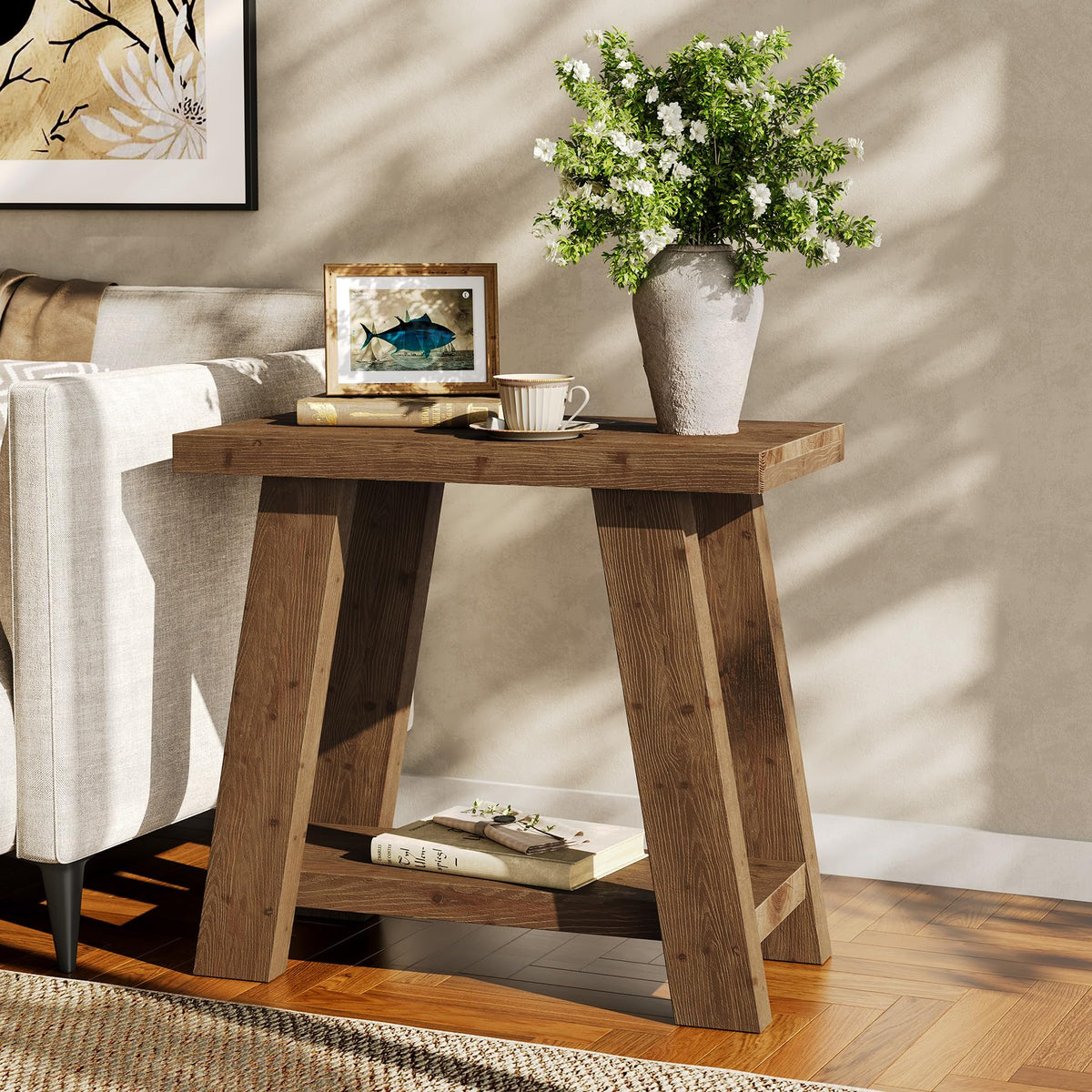 LITTLE TREE Solid Wood End Table, Small Side Table with 2-Tier Storage Shelf for Living Room, Rectangular Side Table for Couch, Bedside Table for Bedroom, Easy Assembly