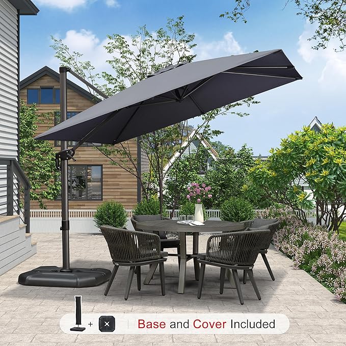 PURPLE LEAF 9'×9' Patio Umbrella with Base Outdoor Cantilever Umbrella with Cover Aluminum Square Offset Umbrella with 360-degree Rotation for Deck Pool Garden Grey